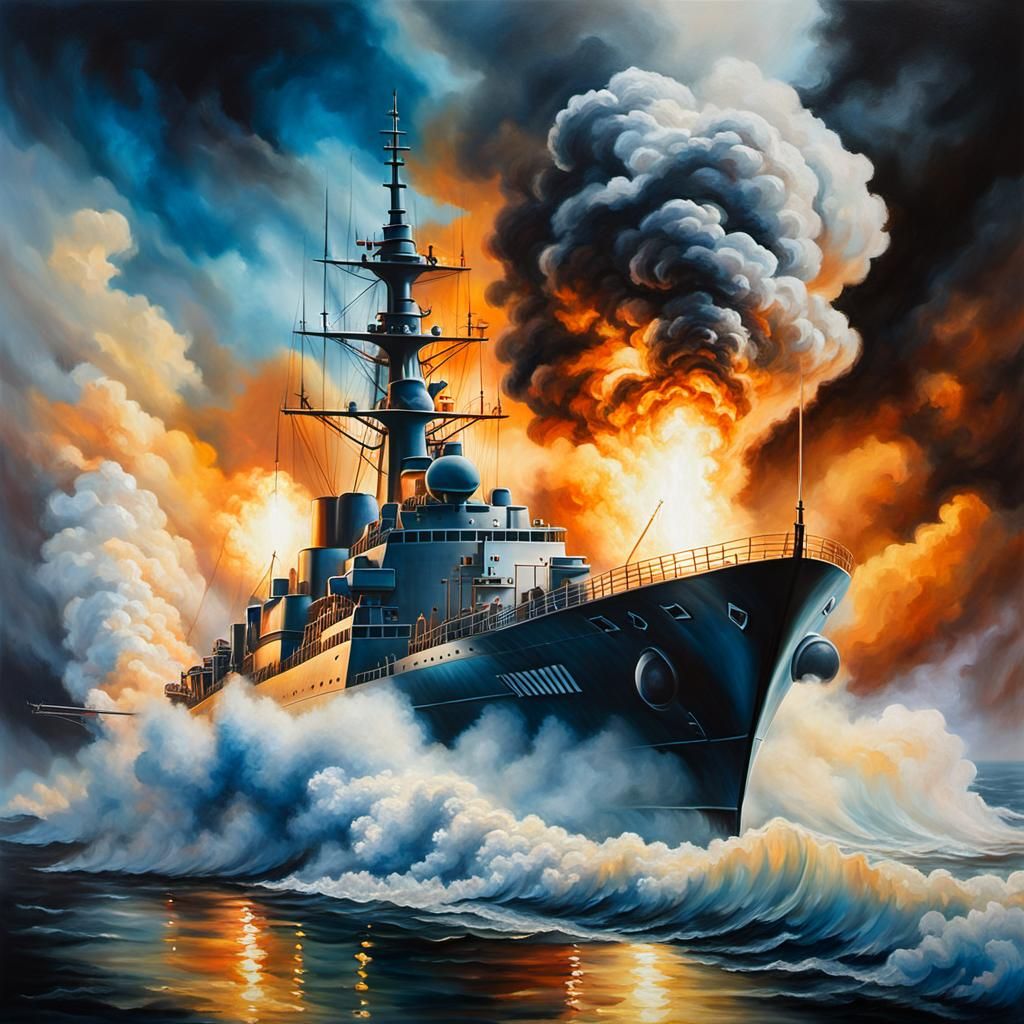 Ethereal Warship Painted with Glowing Ink: Oil Painting