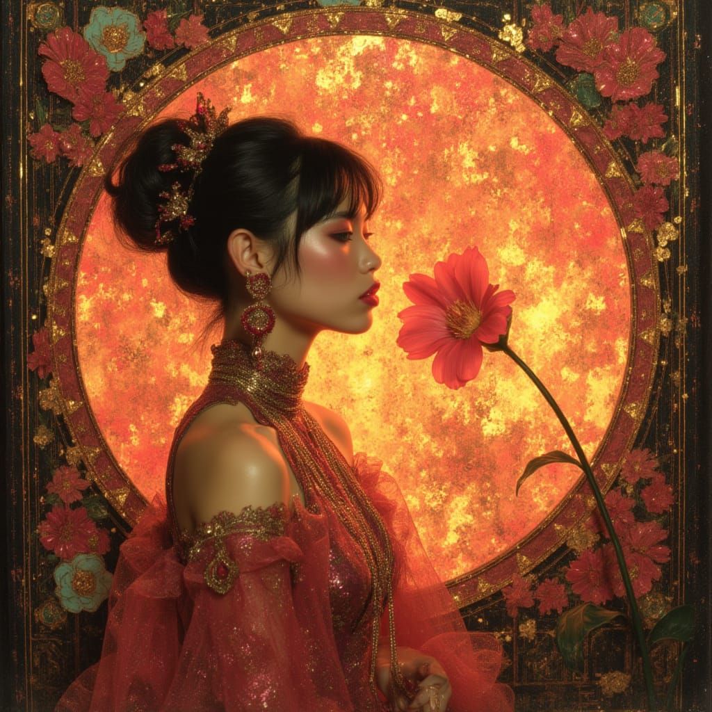 portrait mystic fire cute idyllic circle motifs gold leaf, mixed media on watercolor paper Miho Hirano WLOP looking_down dolllike fae ember-...