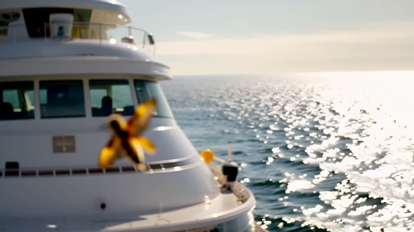 A honey bee flying through the air towards a cruise ship, doing aerial tricks, landing on the deck table of a cruise boa...