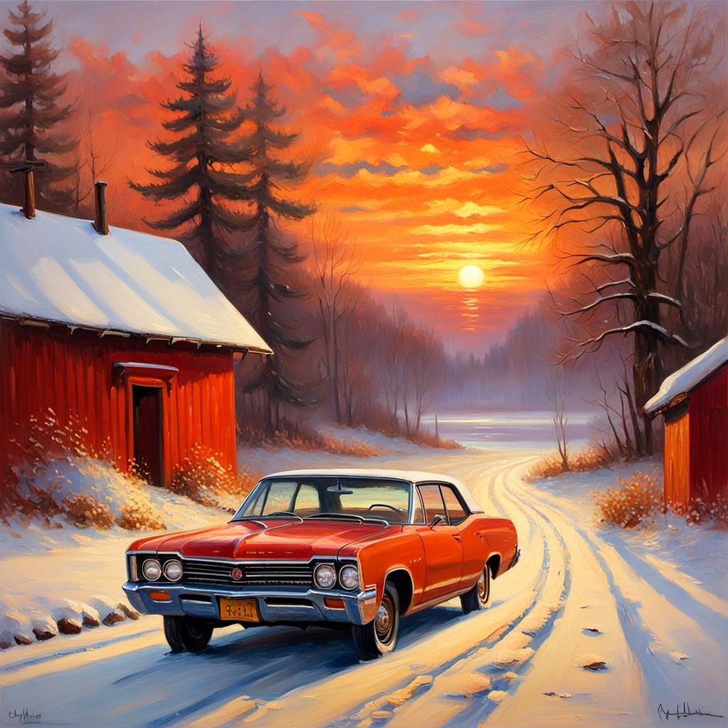 A flaming red "1965 Buick Skylark" by sunset  by @axelb