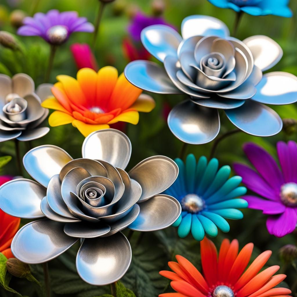 Silver metal flowers in a vibrant, colorful garden. AI Generated