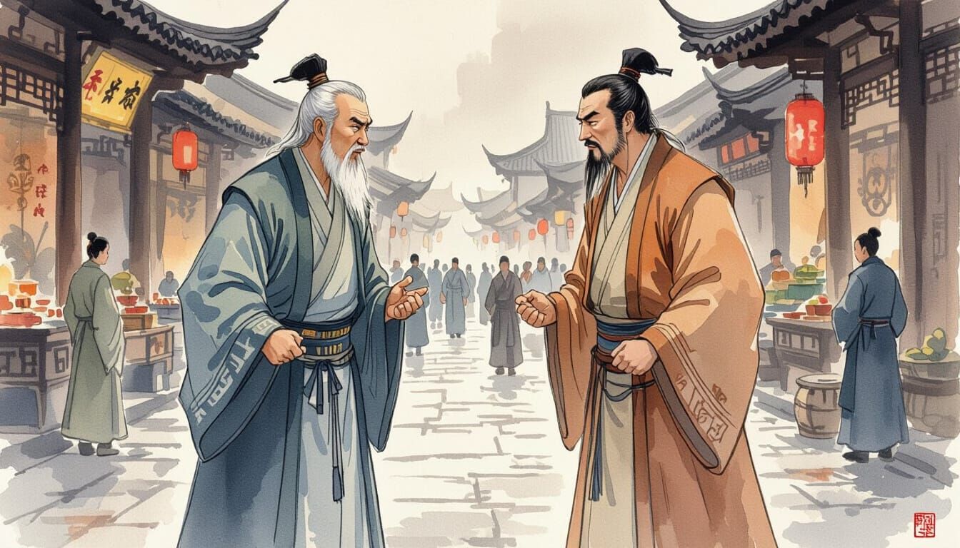 Two men dressed in ancient Chinese dress, in a tense standoff, a few feet apart, with their body language conveying conflict rather than a p...