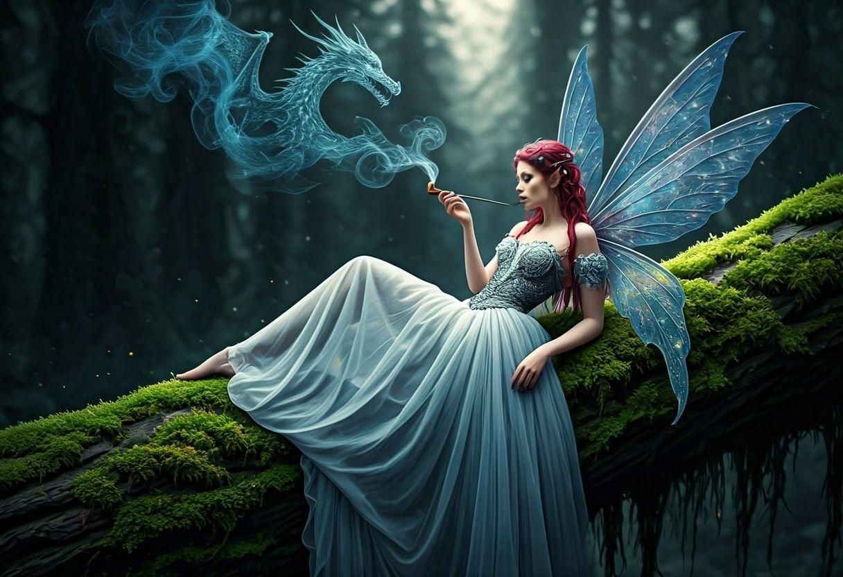 A fierce female fairy lying back against a moss covered tree branch smoking a pipe, with smoke in the ...  by @Kindly Offer