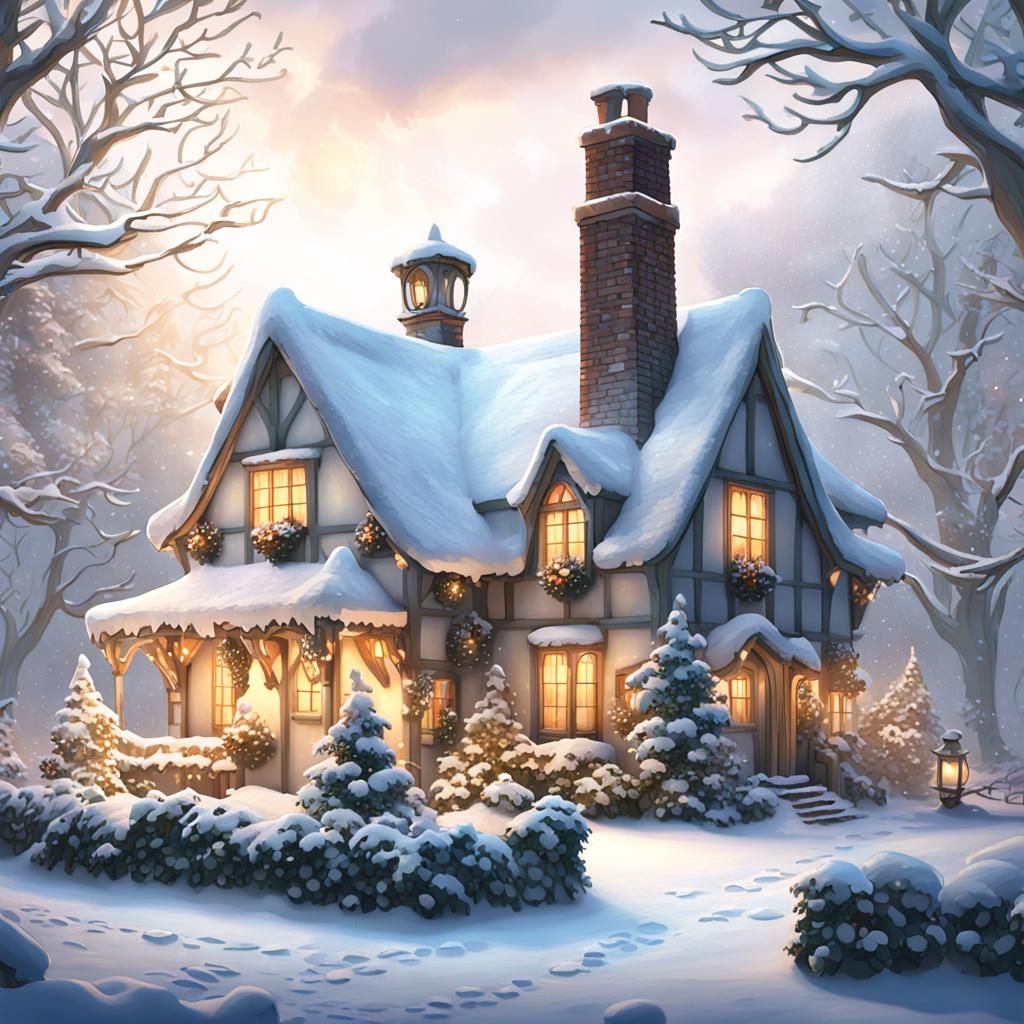 cosy english cottage in hollydays season with a typical english garden after heavy snowfall  by @Terryke