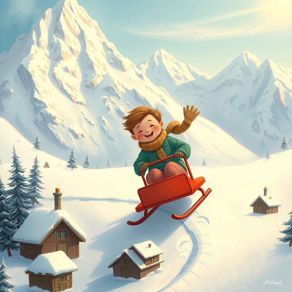 Child Joyfully Rides Sled in Snowy Alpine Village