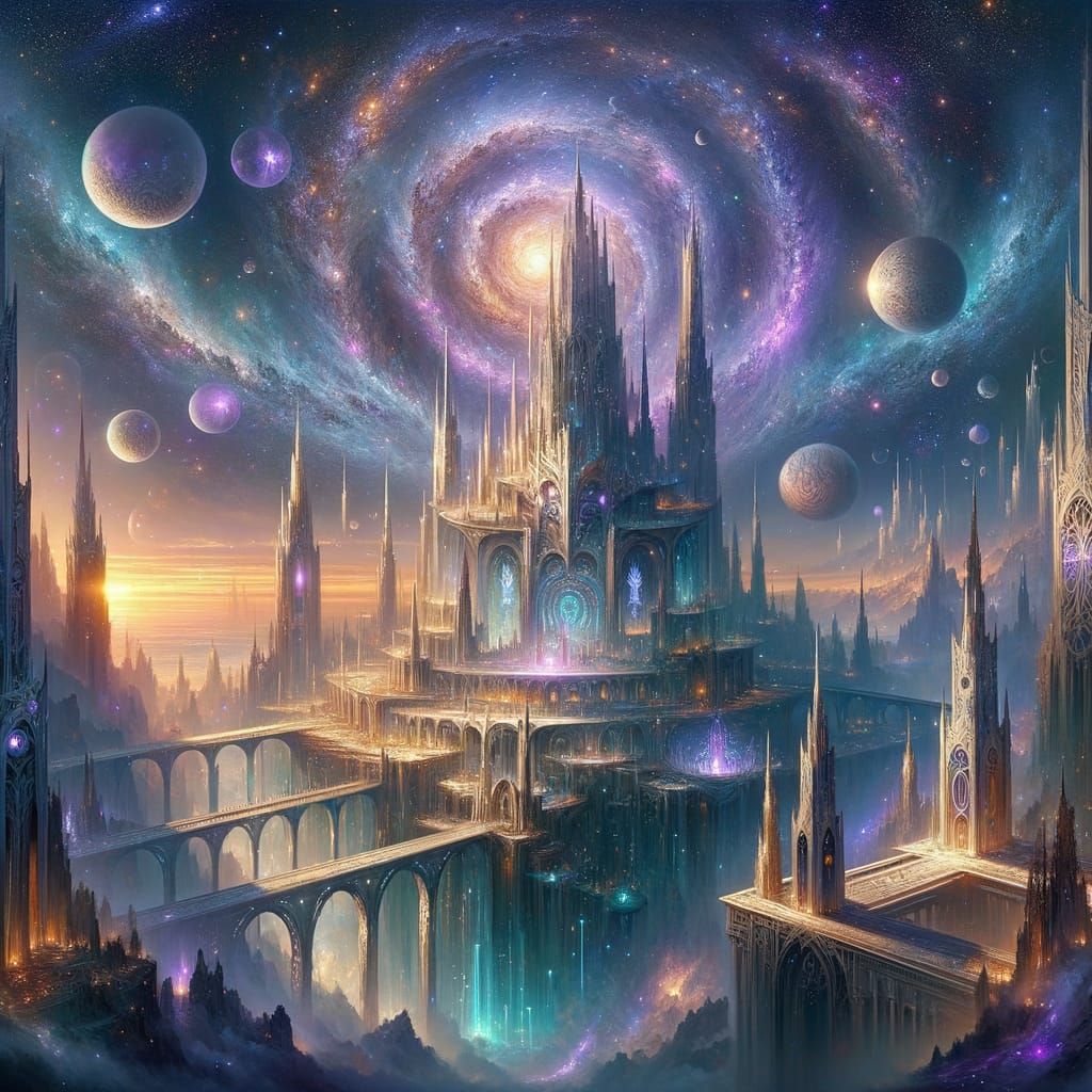 A massive floating celestial city, high above Gielinor, suspended in the stars. Think a mix of ancient elven architecture, astral energy, an...