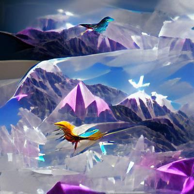 crystal bird flying over the mountains