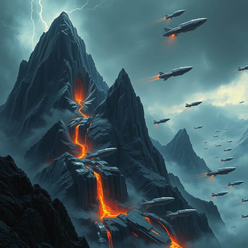 A colossal, obsidian fortress carved into the side of a jagged, storm-wracked mountain peak, crackling with raw energy. Below, a fleet of me...
