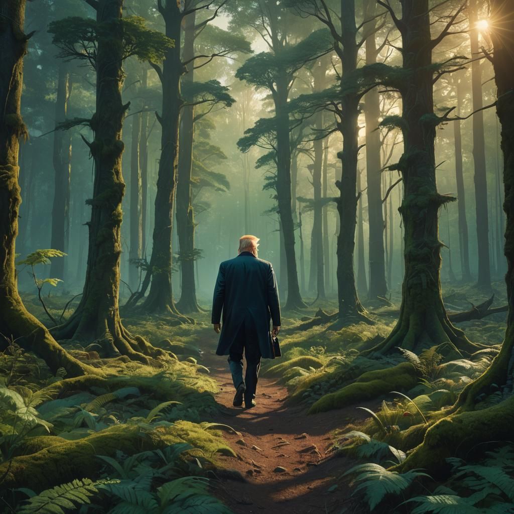 Donald Trump with Green Hair in Mystical Forest