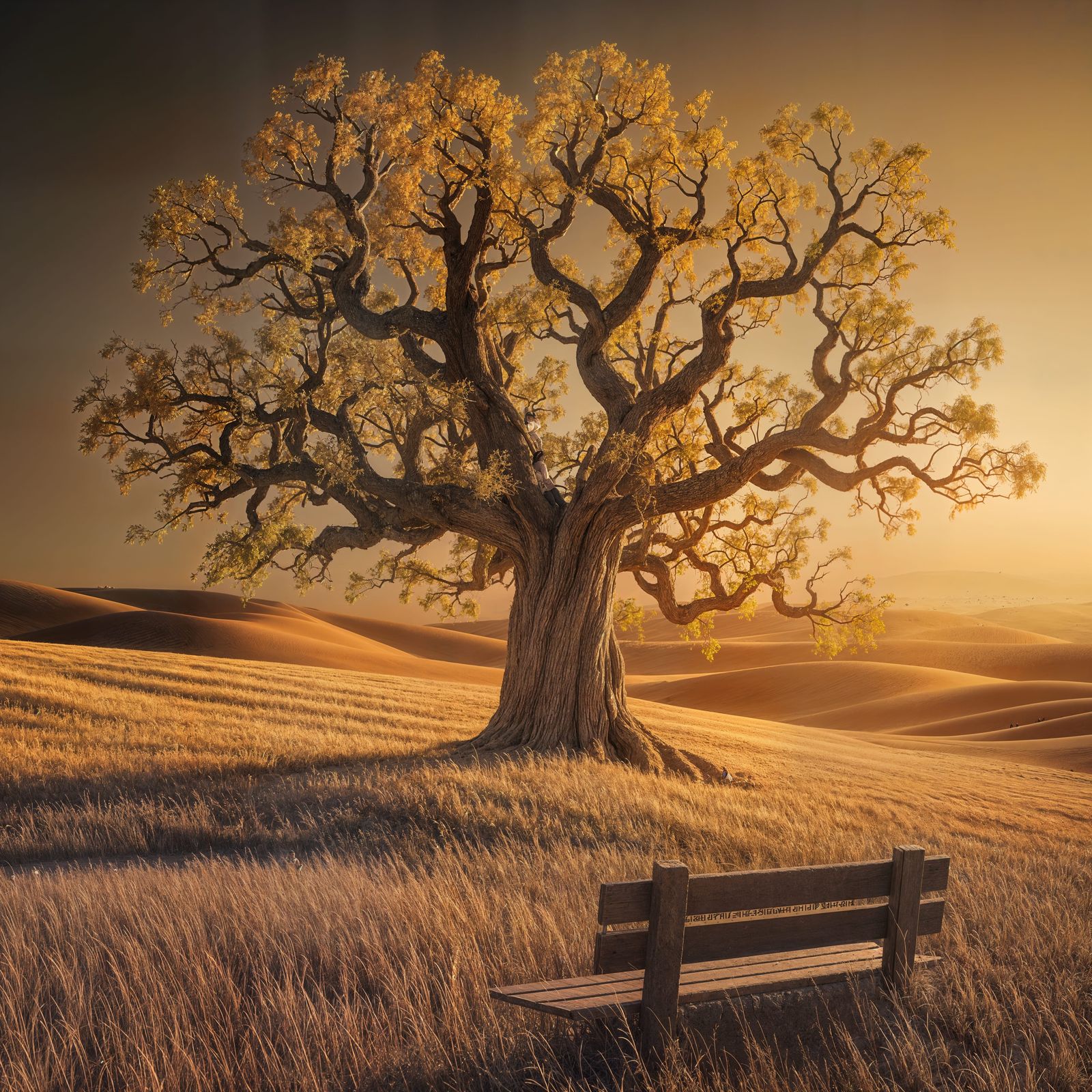 Ancient Oak Tree at Sunset in Golden Field