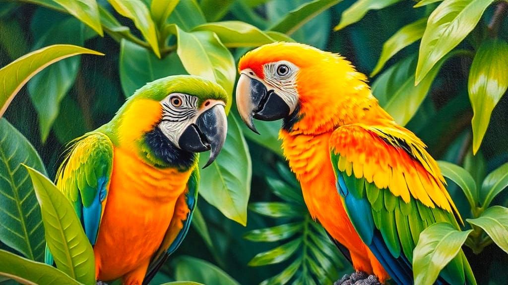 Bright colored Neon Green and Neon Orange Macaws in a jungle setting  by @Dantonio