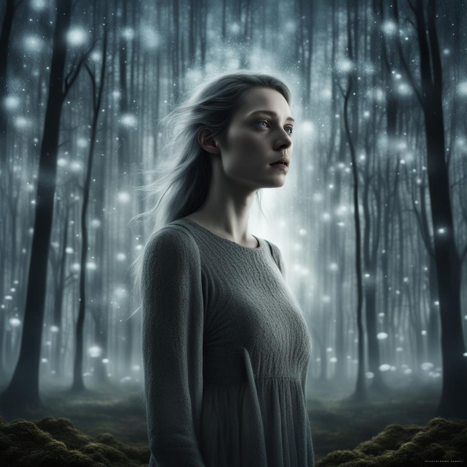 In a dark, enchanted forest, a young woman stands amidst ethereal lights  casting ghostly glows, with a sky of brooding clouds and shimmering - AI  Generated Artwork - NightCafe Creator