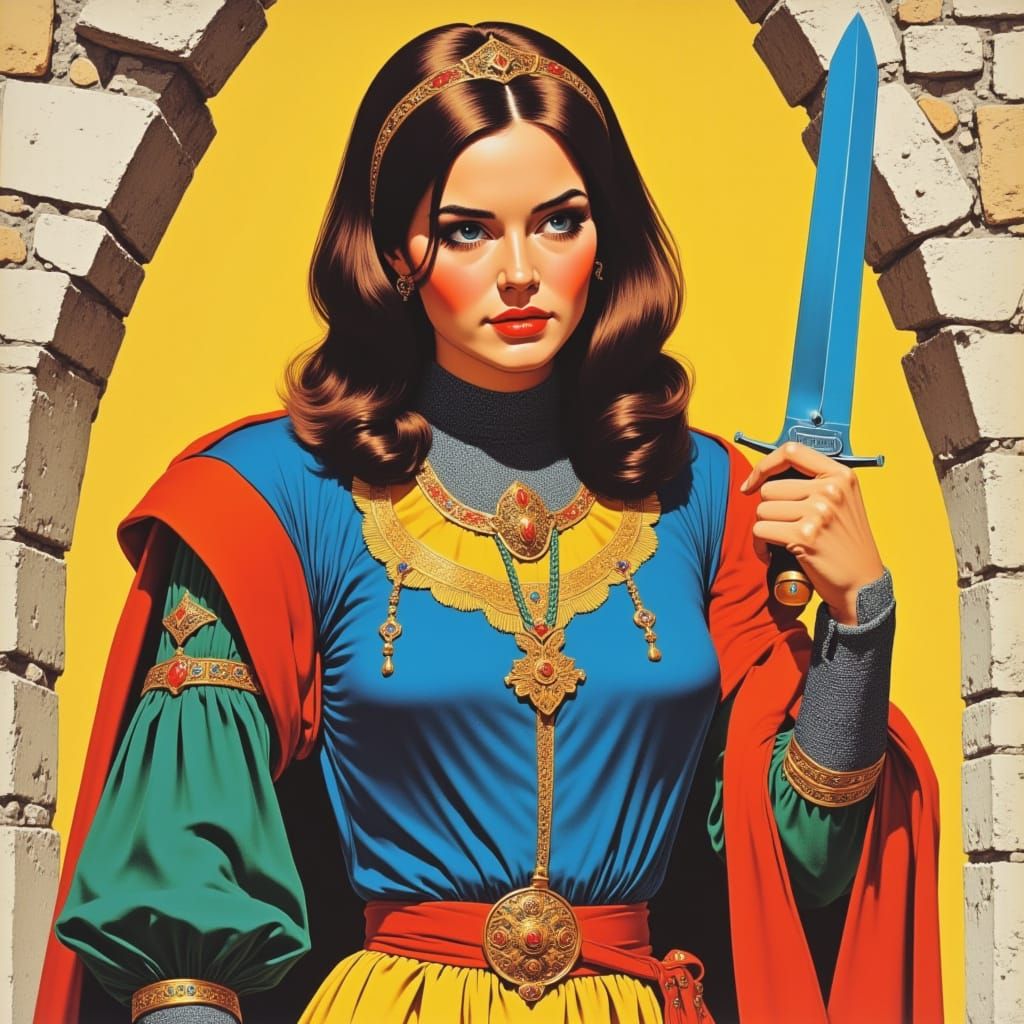 <lora:Medieval Pulp:1.0>
Vintage 1970s medieval pulp illustration.
Hyperrealistic portrait of a beautiful woman wearing intricately detailed...