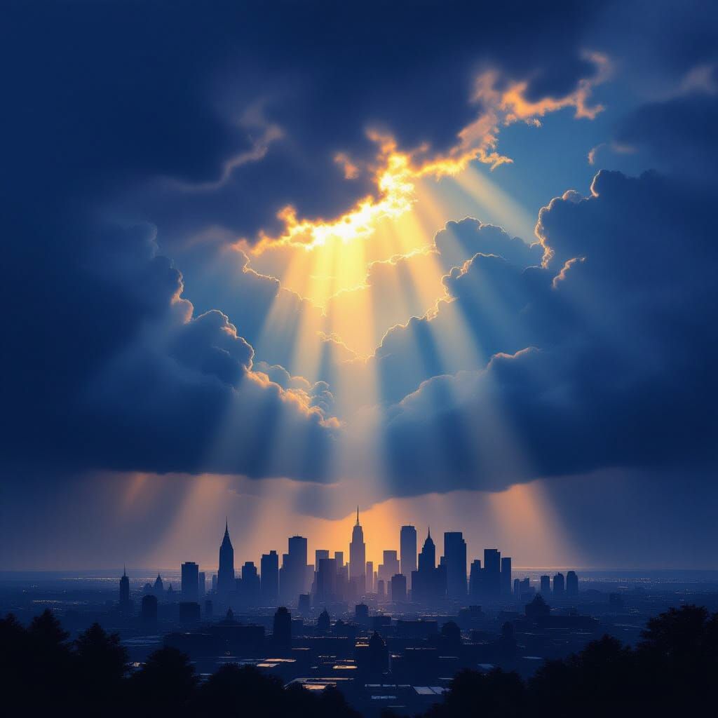 . Sun breaking through storm clouds over calm city



