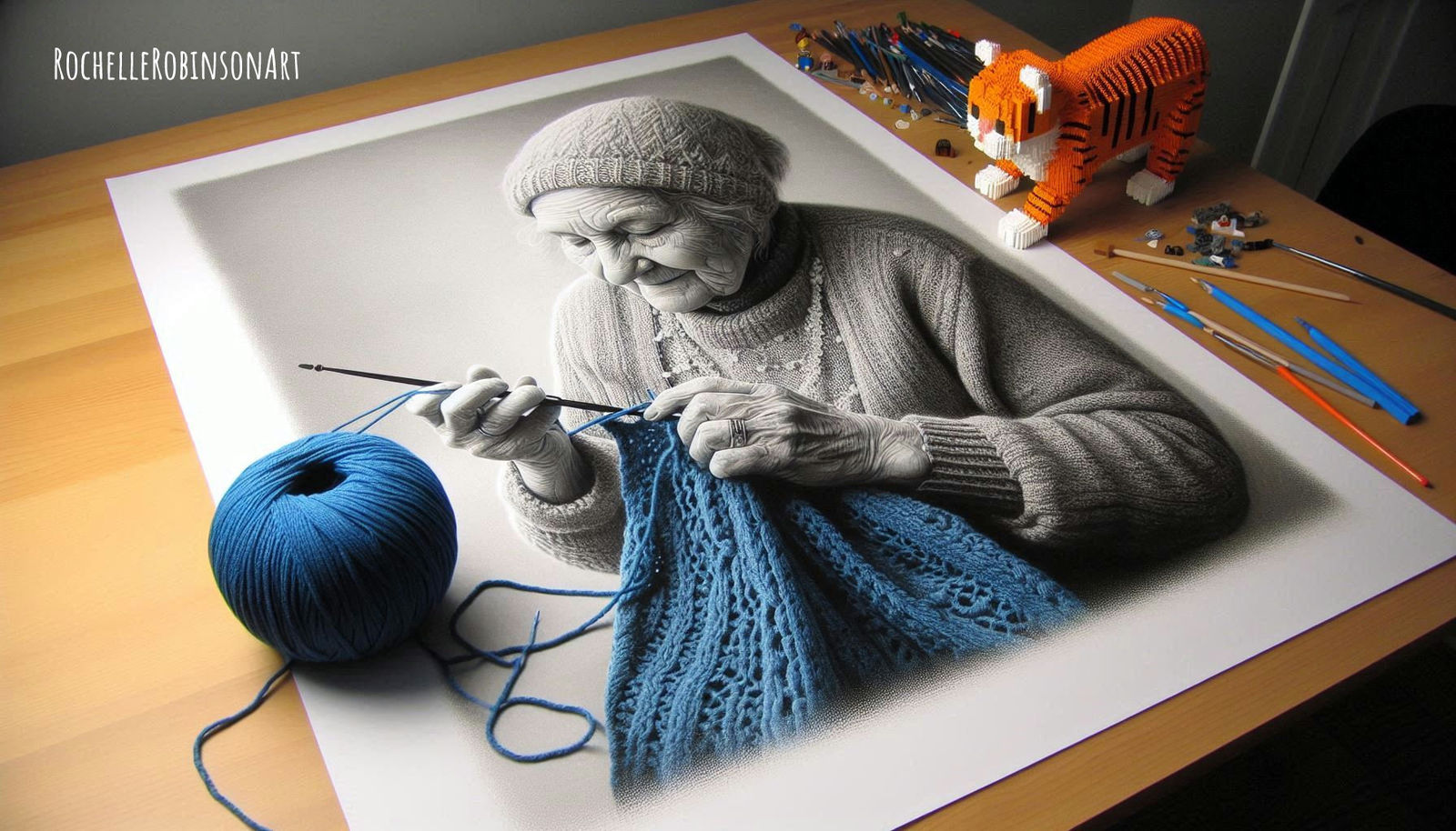 Grandma Knitting With Cat - Lego Art