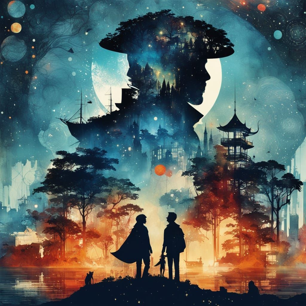 Galactic Tiger Amidst Urban Landscape in Double Exposure