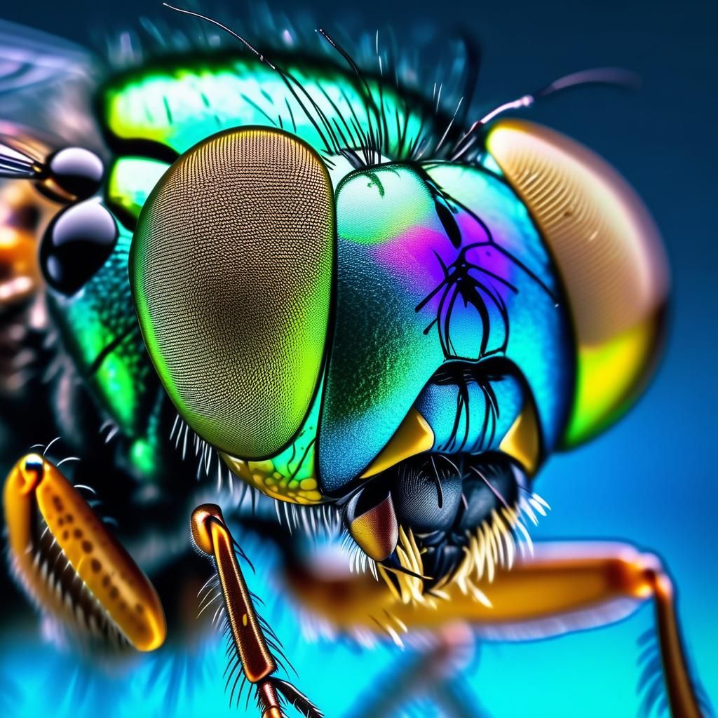Extreme Close-up macro shot of Photorealistic iridescent fly's eye, ground level shot, macro photography, ...  by @BulePanda