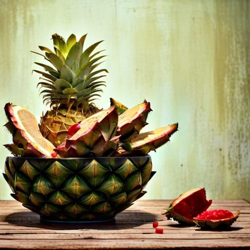 dragonfruit, pineapple, resting on a table