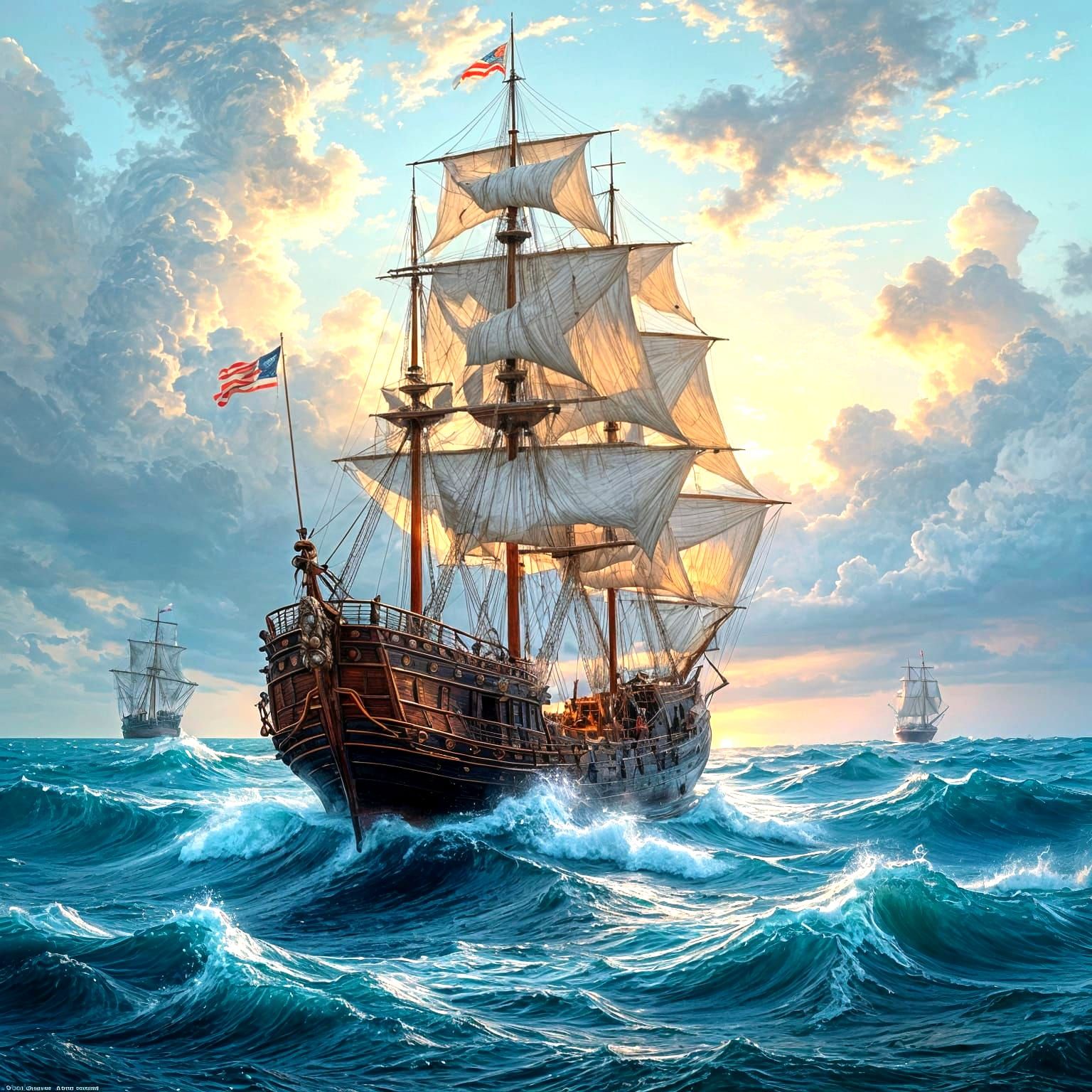 A majestic Spanish galleon, its sails billowing in the wind, navigates through turbulent seas, with towering ...  by @Carlos