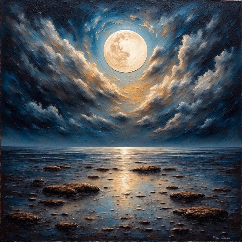  <lora:Grungy Oil Paintings:1.0> Grungy oil painting of an awe-inspiring calm seascape with a waning moon