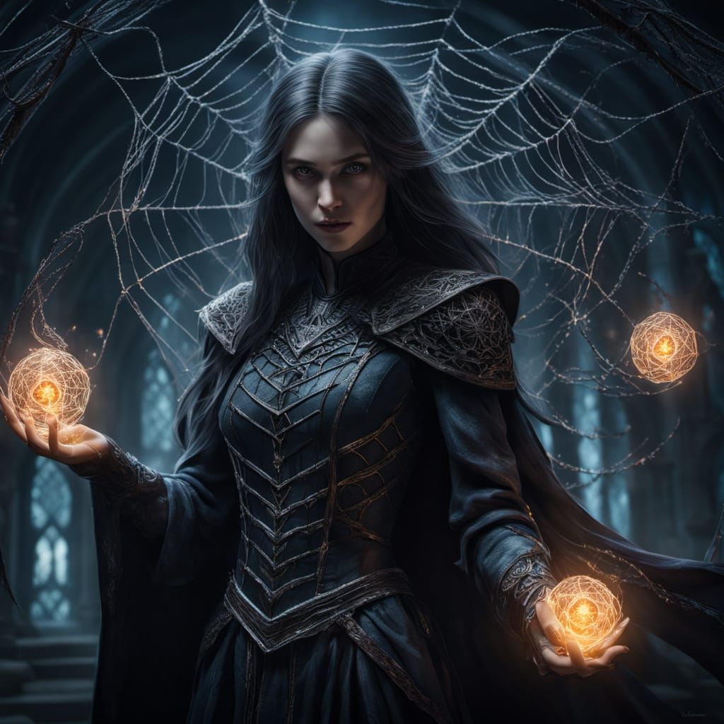 A sorceress weaves a spell, her hands emanating threads of magical energy that coalesce into shimmering linen around her. The atmosphere is ...