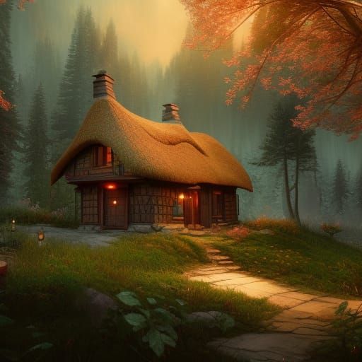 a beautiful cottage in the forest detailed matte painting, d...
