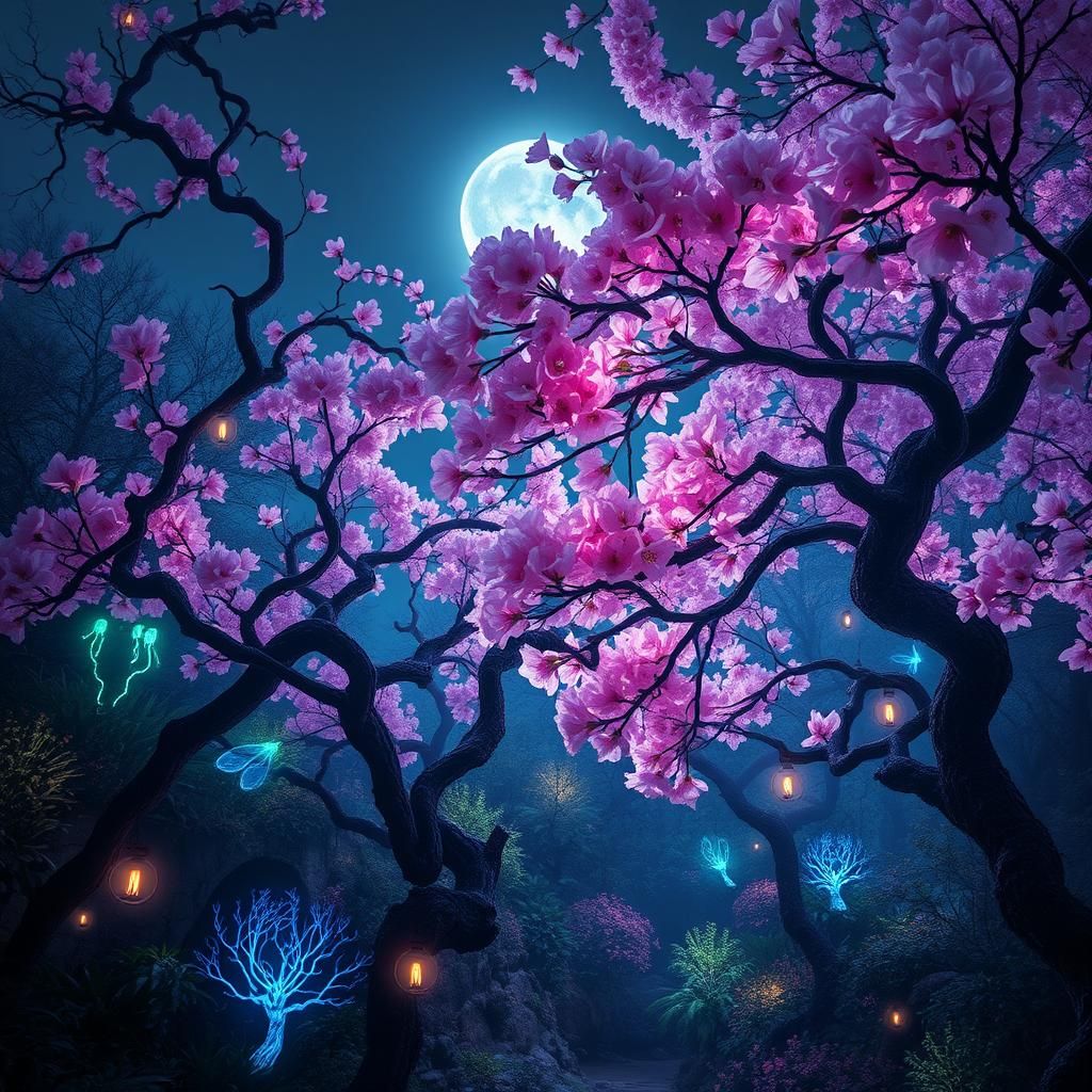 Ethereal Moonlit Cherry Blossom Forest in a Dreamlike Style
