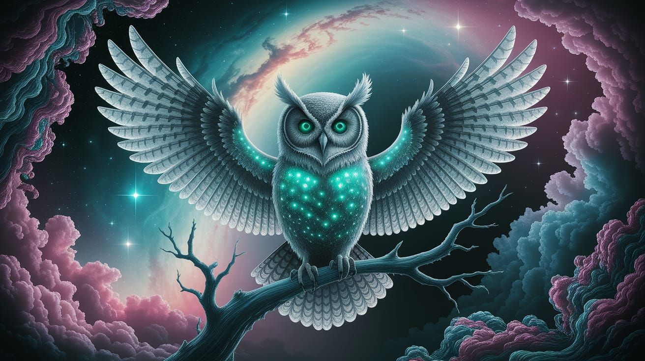 Highly Creative. A surreal transparent grey owl made of bioluminescent smoke with its wings spread wide, perched on a branch made of solidif...
