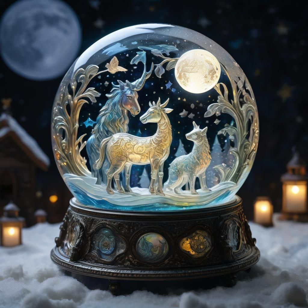 "Enameled Glass Figurines" standing in a snow globe with their own moon. 