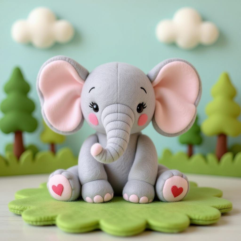 Felted Elephant on Grassy Patch in Nursery Style