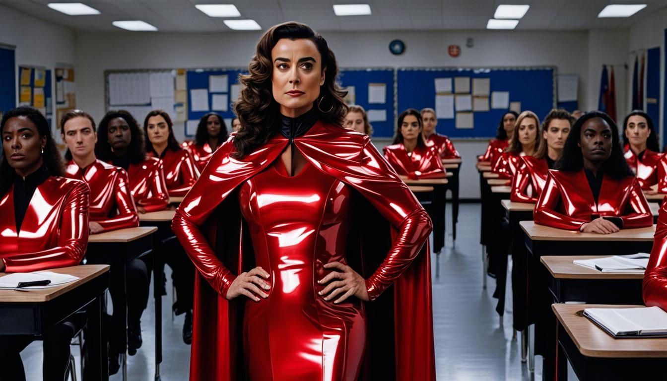 young Cote de Pablo dressed in  red reflective latex is a do...