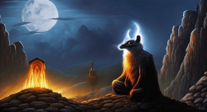 "ancient anthropomorph Rabbit wizard with long beard sitting...