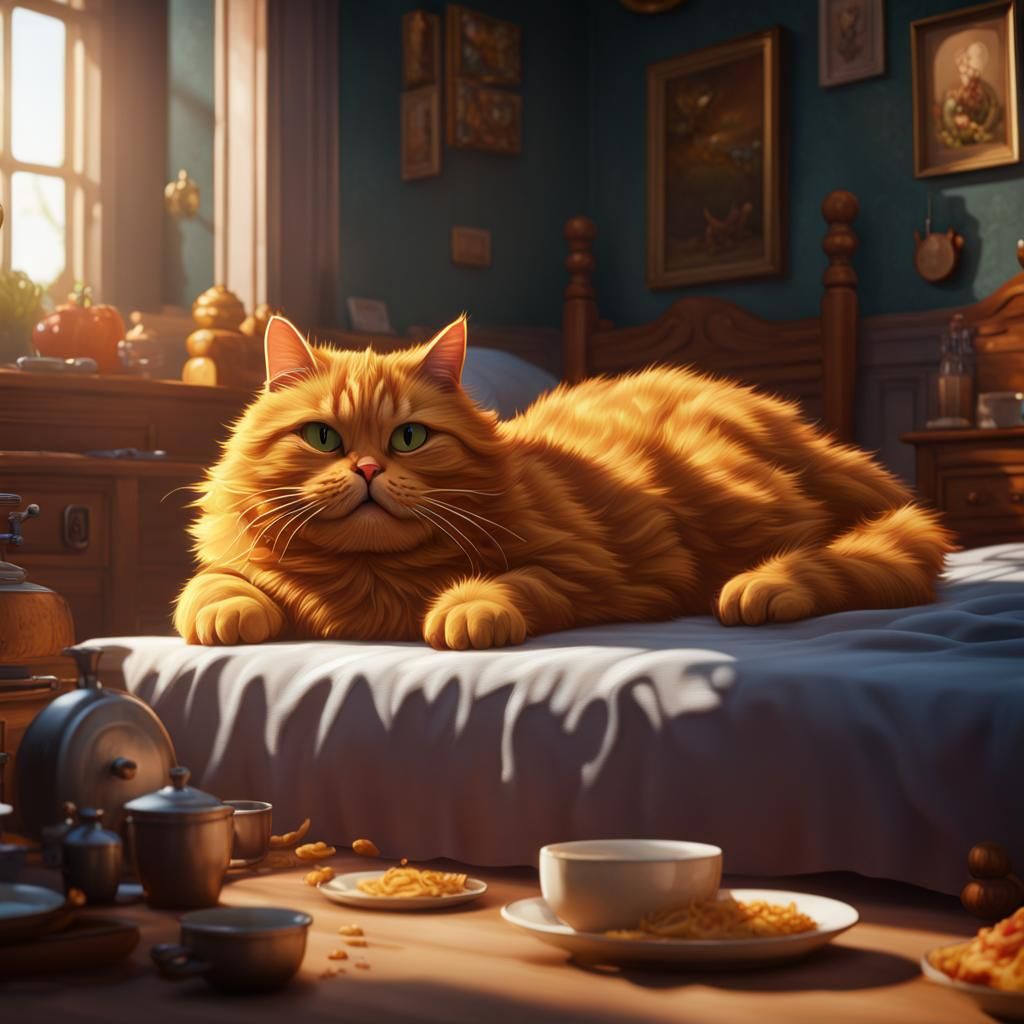 Cat fat  (Garfield) lying on a bed  snoring after eating too...