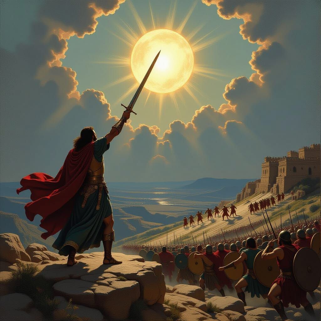 A grand biblical painting in the dramatic style of Gustave Doré or James Tissot, depicting Joshua commanding the sun and moon to stand still...