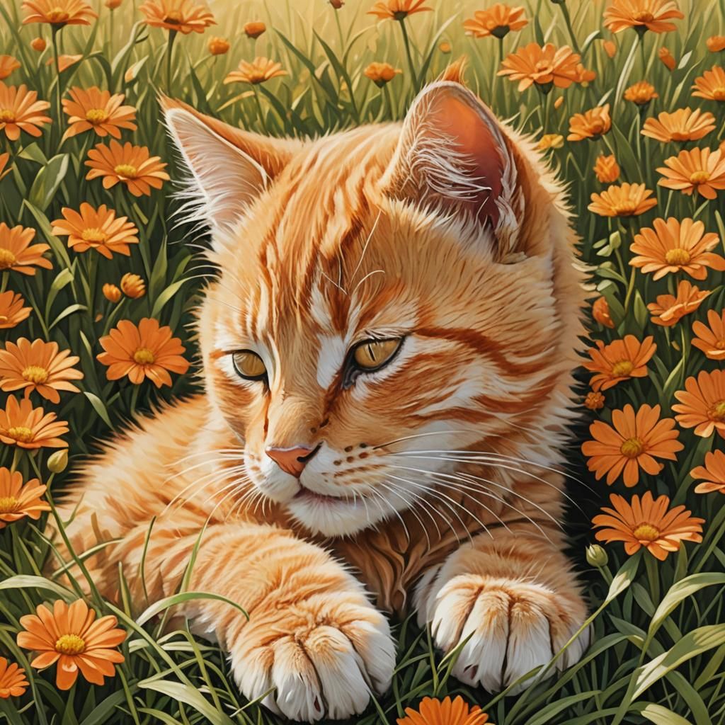 Cute Orange Tabby Kitten Sleeping in Sunny Grass