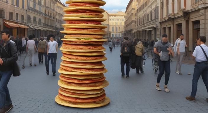 tall leaning tower of pizzas in city of Rome