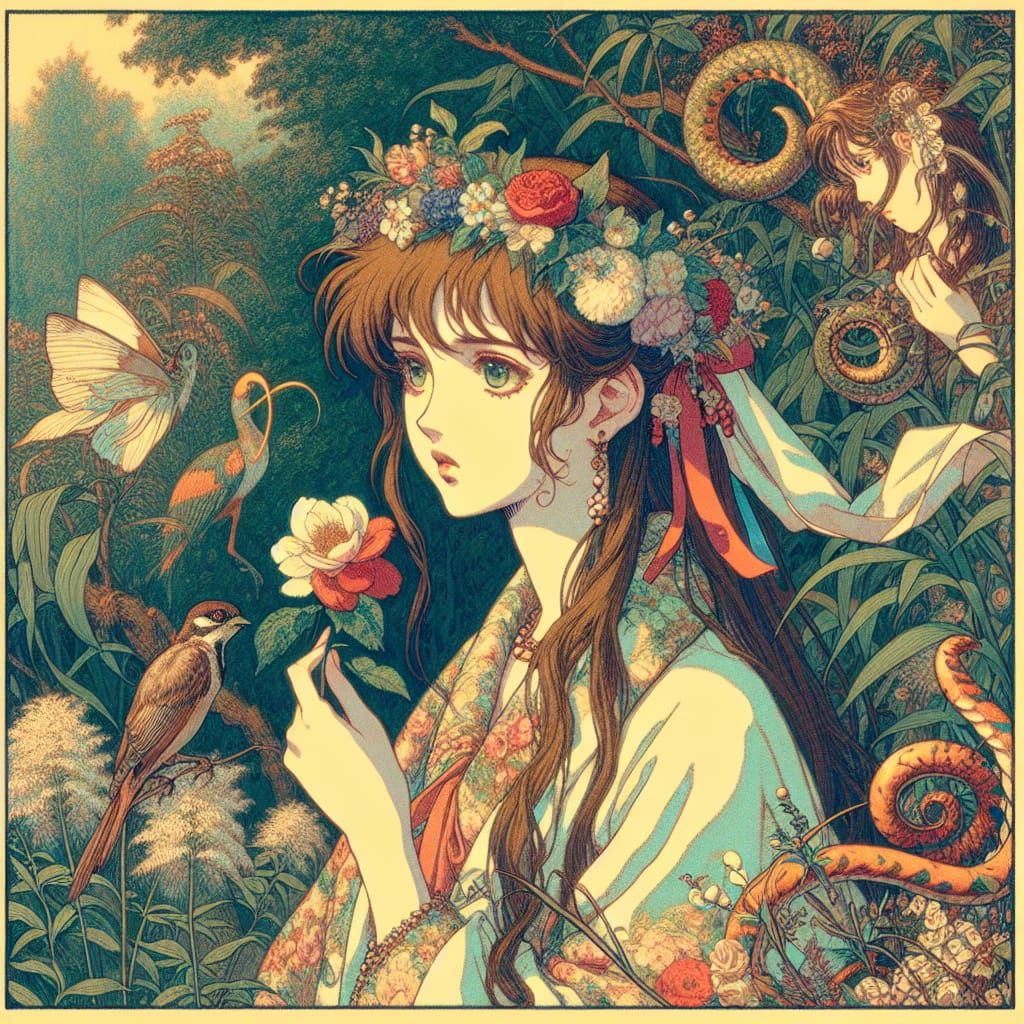 ophelia by john everett millais but in a 90s vintage anime s...