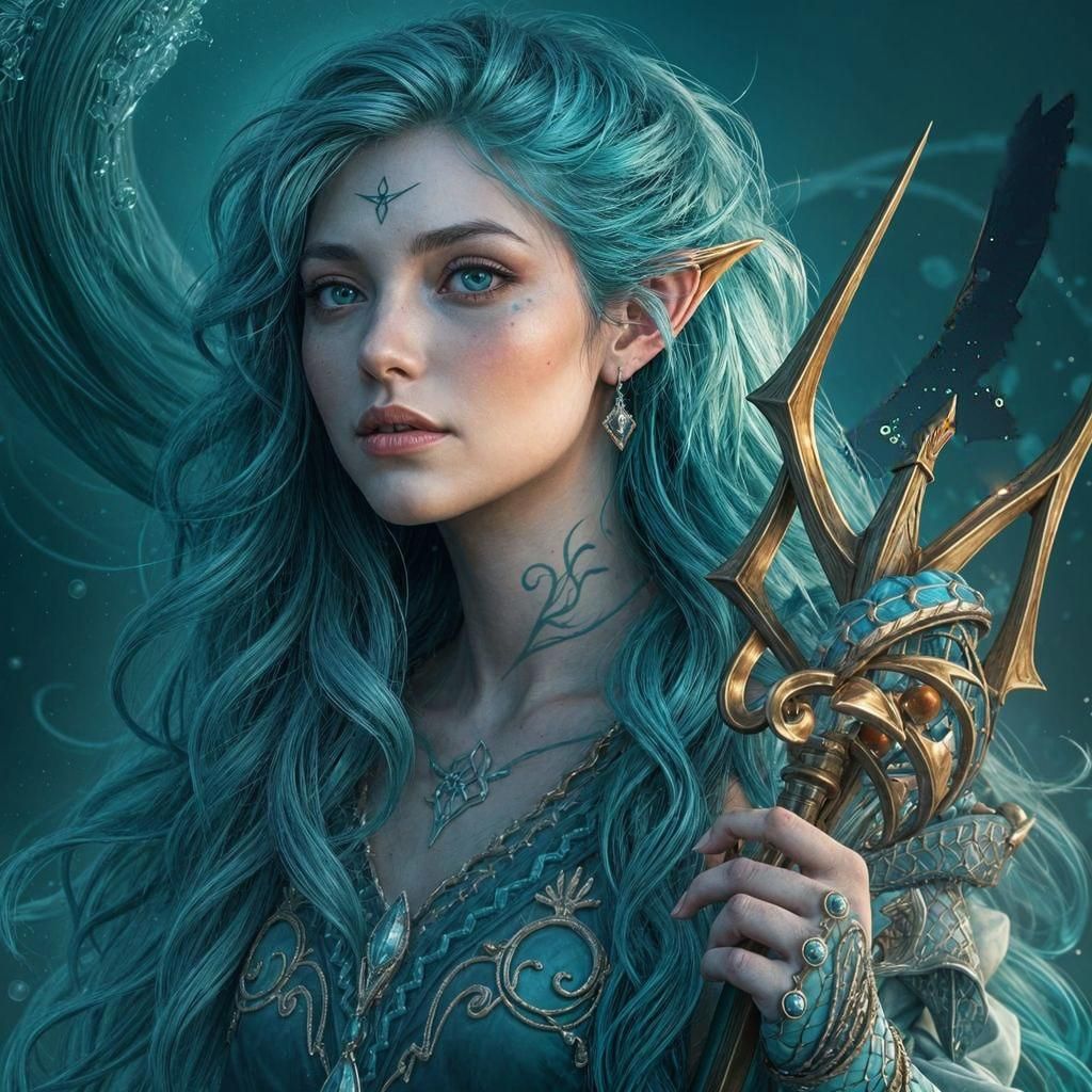Female water genasi, turquoise long flowing hair, eyes, ocean blue, tattoo of a bident on right neck, fish scales arms, webbed fingers talon...