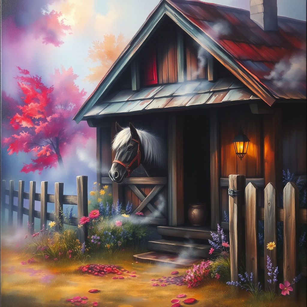 Shetland pony old barn