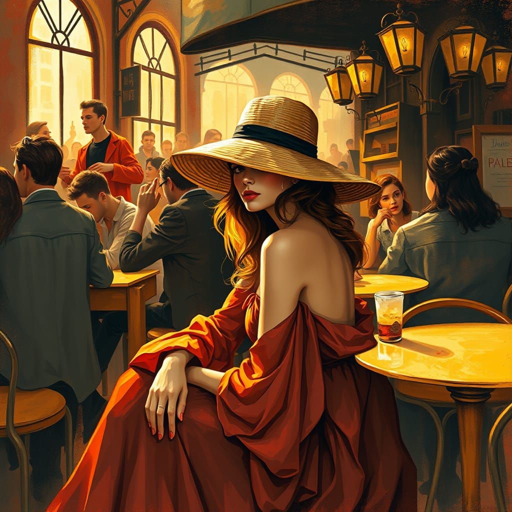 Boho Woman at Cafe Amidst Artists in Klimt Mucha Style
