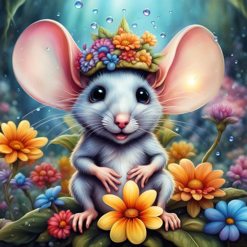 A mouse sits between flowers