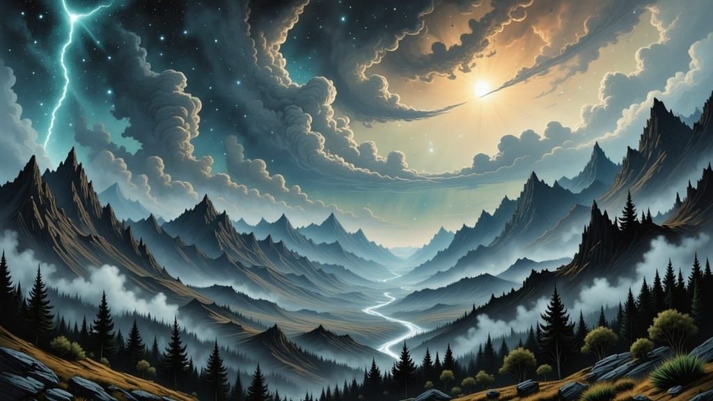 Storm clouds over mountains <lora:Caffeinated Skies:1.0> 