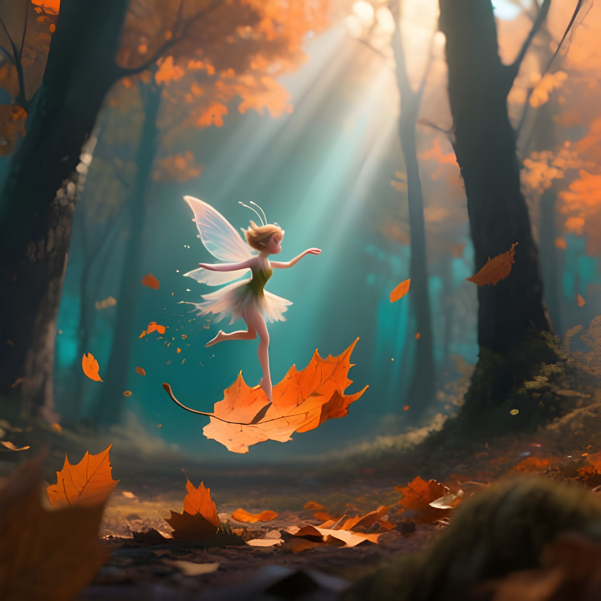 
Small Fairy dancing on a falling leaf, soft darker autumn colors. Sunshine from behind trees. 

