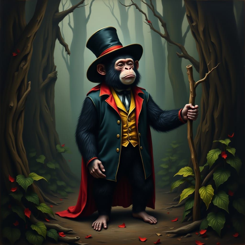 A monkey in a magician costume standing forlornly in a jungle scene, in the style of contexture moody. <lora:Contexture Moody:1.0>