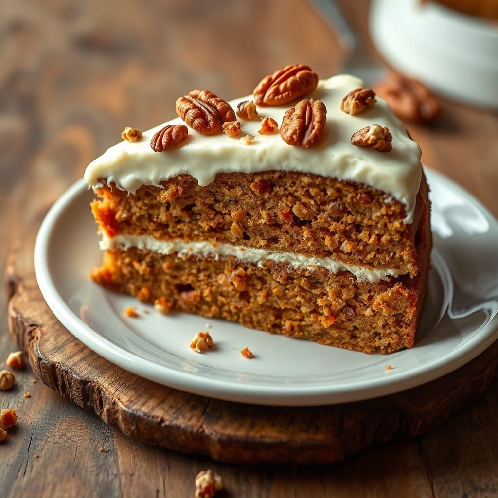 Moist Carrot Cake Slice in Warm Photorealistic Lighting