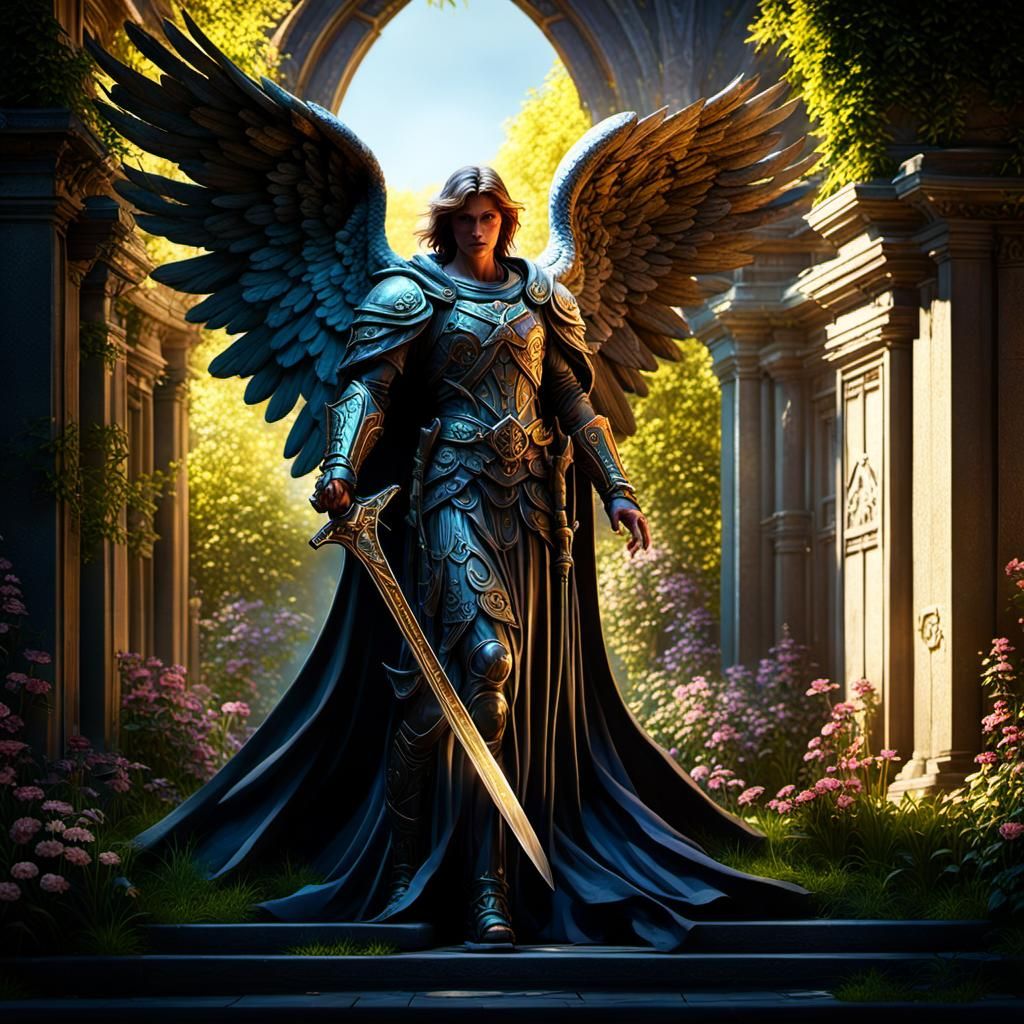 An Angel, clothed in the sun, weilding the Sword of God, gua...