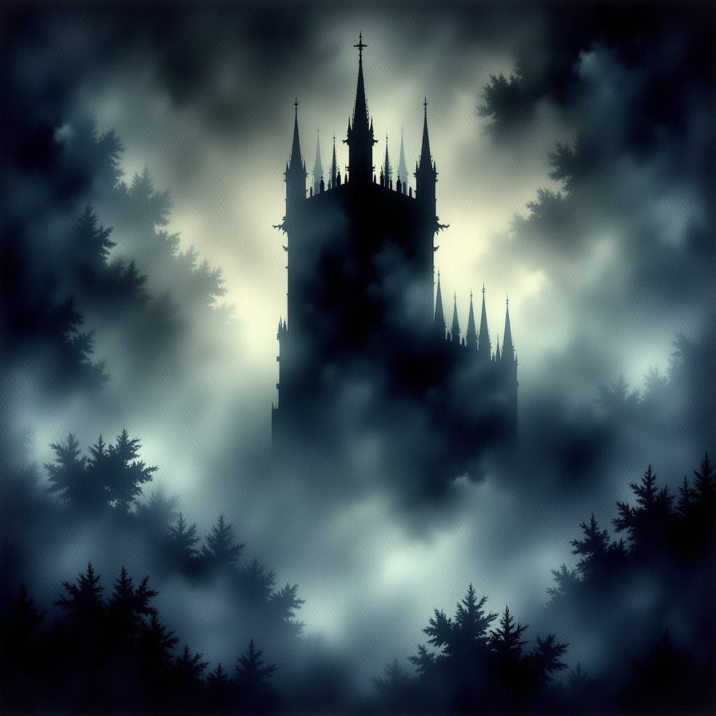 Dark tower raising from hazy darkness, mist, fog, eerie twilight, impressionistic watercolor in the style of <lora:WaterColorMISTery:1.0>