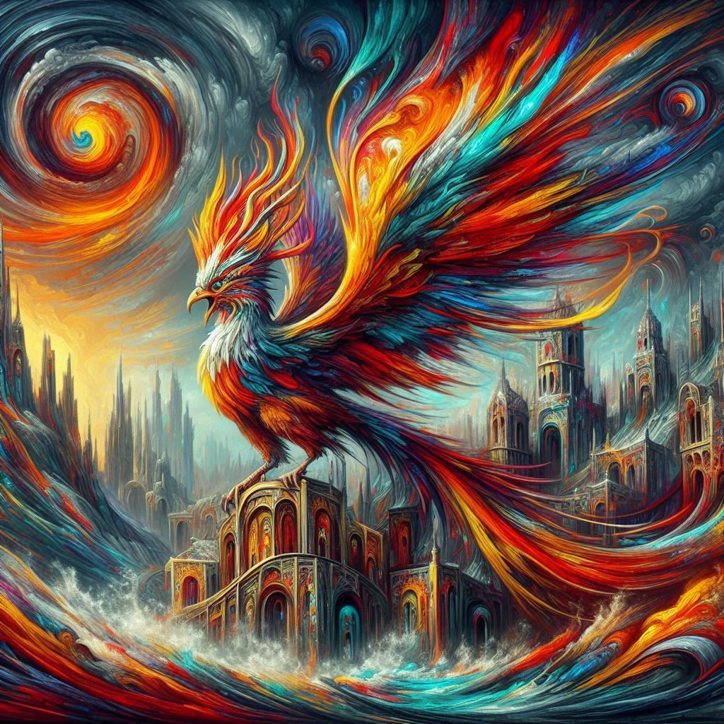 Slavic mythological Firebird, surrealism, punk