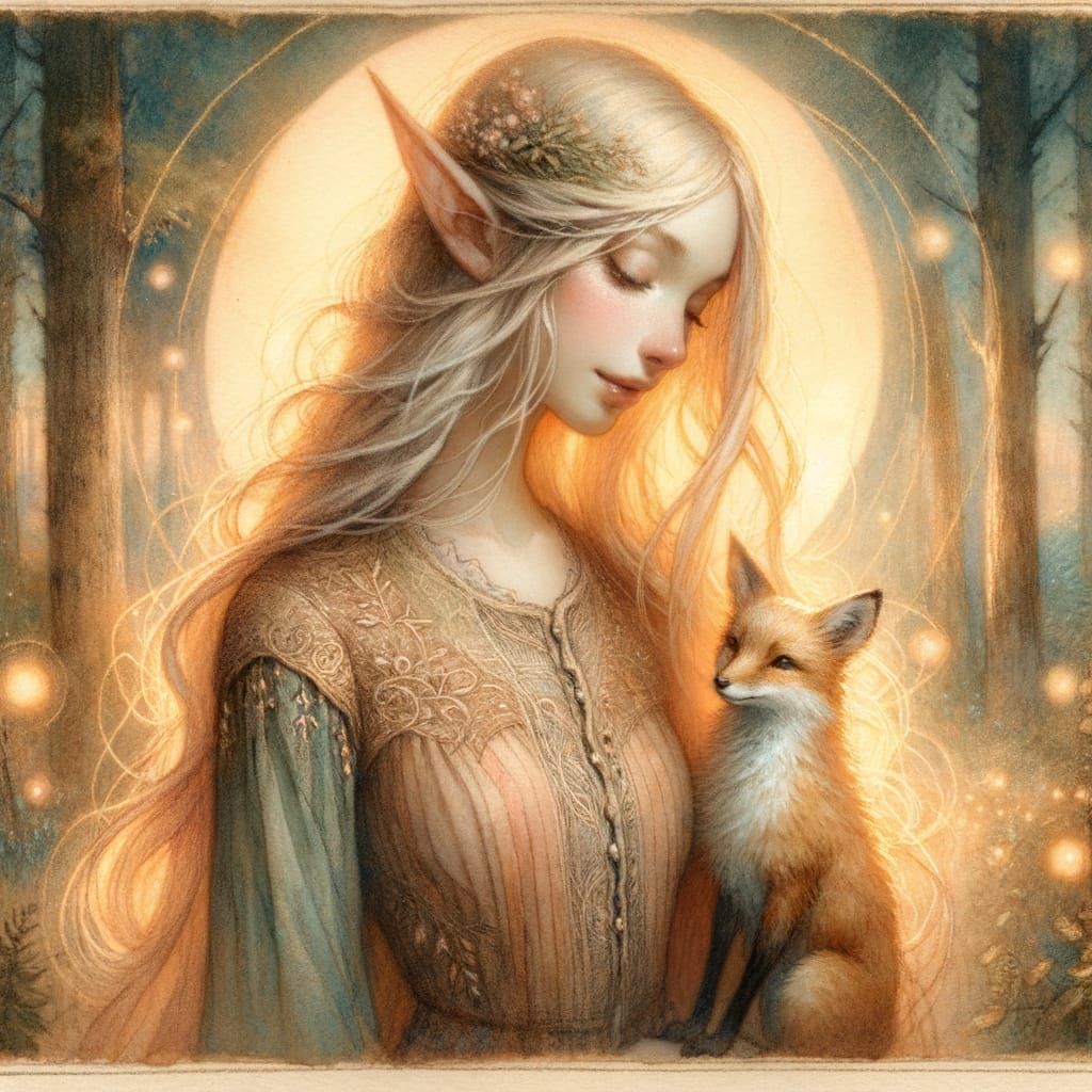 Ethereal Elf and Fox in Pastel Storybook Scene