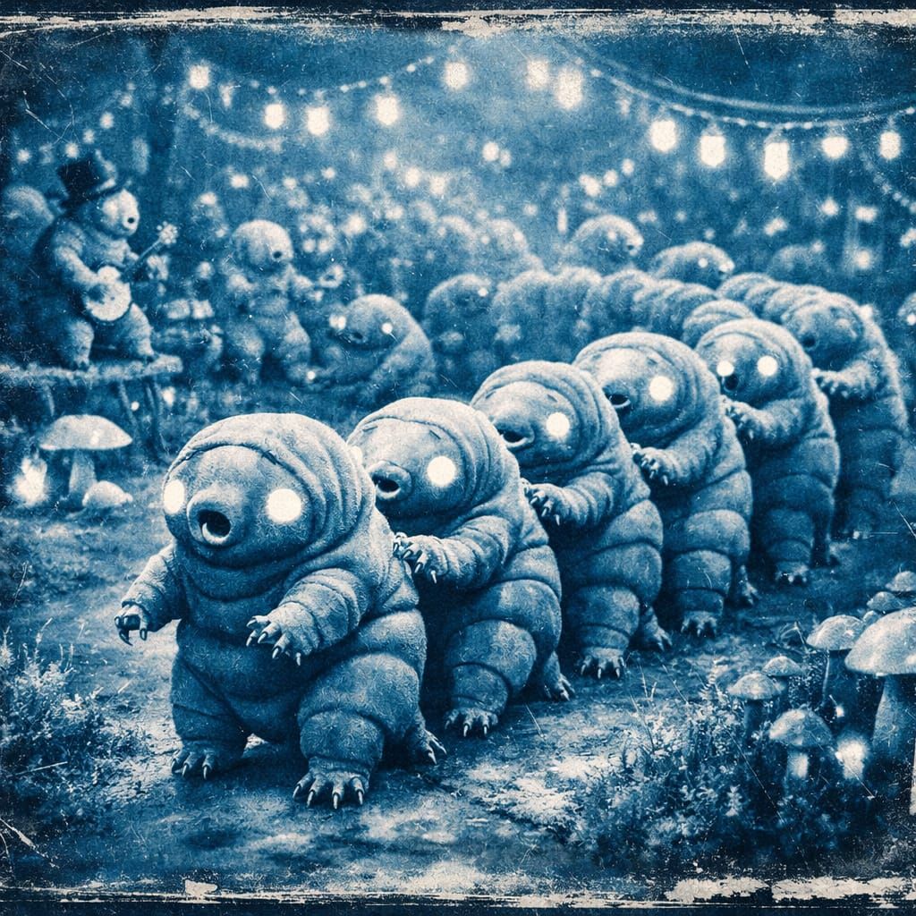Conga-Line of Upright Weird AI Moss Piglet Tardigrades  by @ing